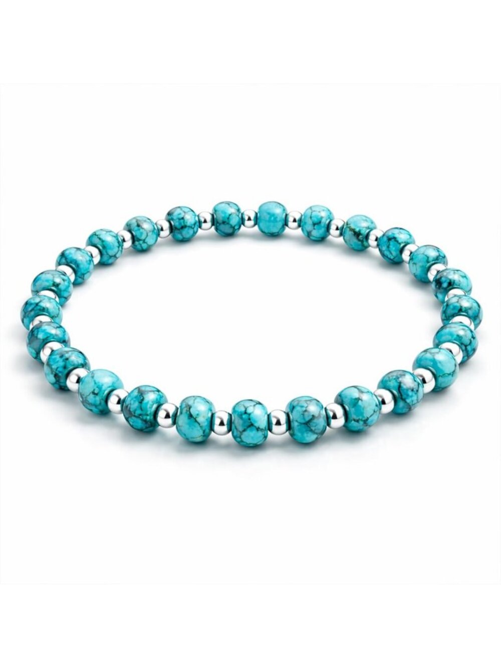 Genuine Turquoise Beaded Stretch Bracelet in 925 Sterling Silver - Boho Chic